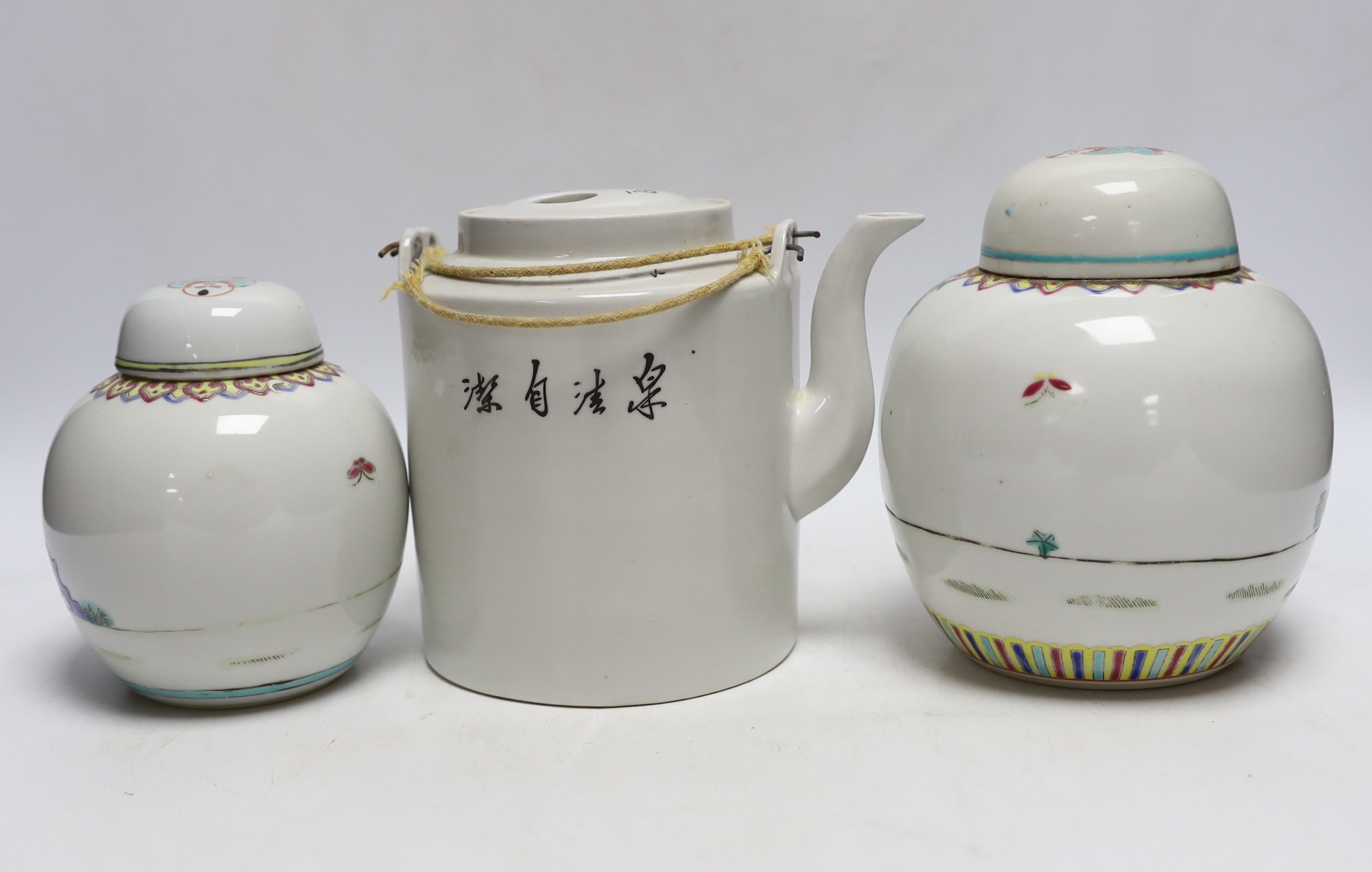 Two Chinese Imari square dishes, Kangxi, 15cm wide, two Chinese enamelled ginger jars and a teapot